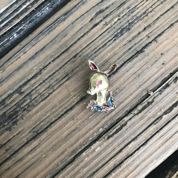 Rudolph Reindeer Deer Christmas Enamel Jeweled Brooch Red Blue Gold Pin Vintage - Picture 3 of 4